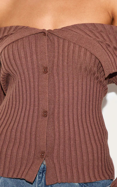 Black Rib Knit Fold Over Button Up Top HKr-0030