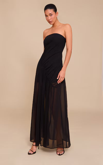 Black Double Layer Mesh Bandeau Asymmetric Ruching Maxi Dress HKr-0020