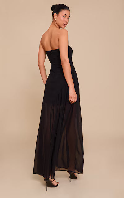 Black Double Layer Mesh Bandeau Asymmetric Ruching Maxi Dress HKr-0020