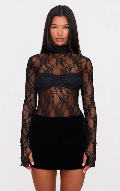 Black Lace High Neck Long Sleeve Bodysuit AS-0032