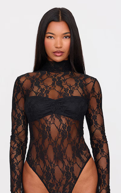 Black Lace High Neck Long Sleeve Bodysuit AS-0032