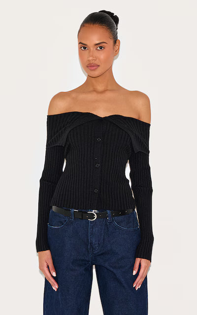 Black Rib Knit Fold Over Button Up Top HKr-0030