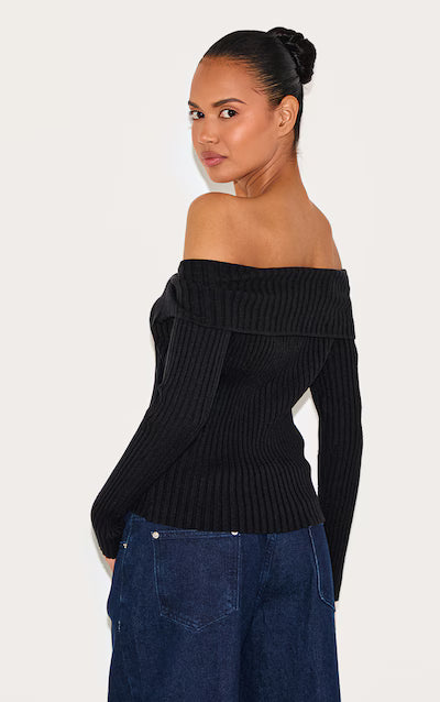Black Rib Knit Fold Over Button Up Top HKr-0030