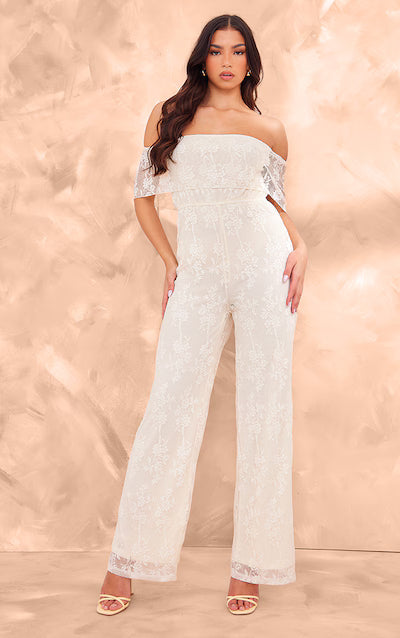 Butter Cream Shimmer Floral Lace Bardot Jumpsuit HKr-0022