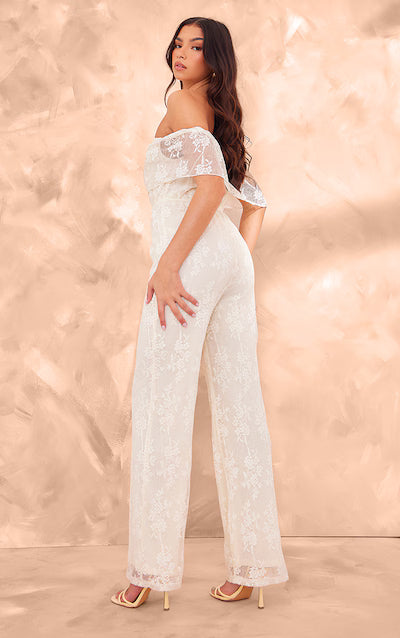 Butter Cream Shimmer Floral Lace Bardot Jumpsuit HKr-0022