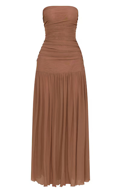 Chocolate Ruched Scarf Dropped Waist Maxi Dress HKr-0002
