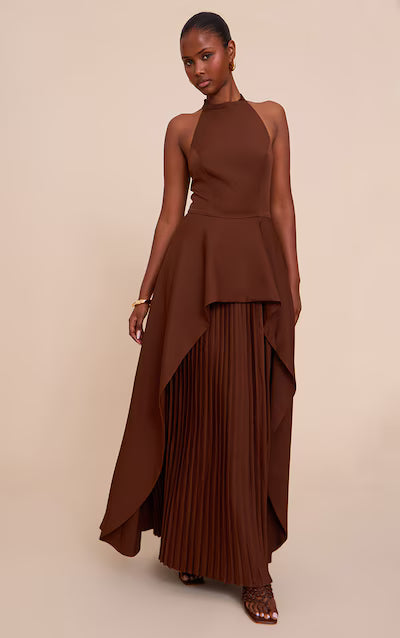 Chocolate Woven Halterneck Pleated Underlay Maxi Dress HKr-0023