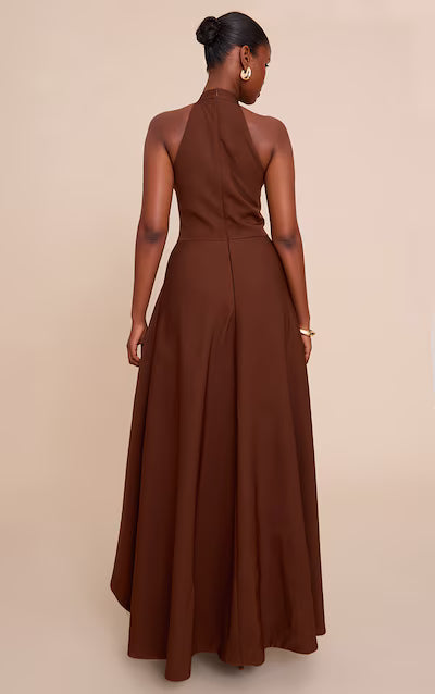 Chocolate Woven Halterneck Pleated Underlay Maxi Dress HKr-0023