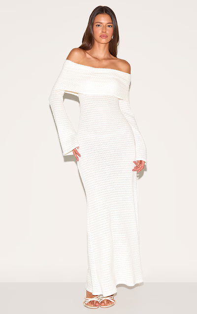 Cream Textured Extreme Bardot Long Sleeve Maxi Dress HKr-0012