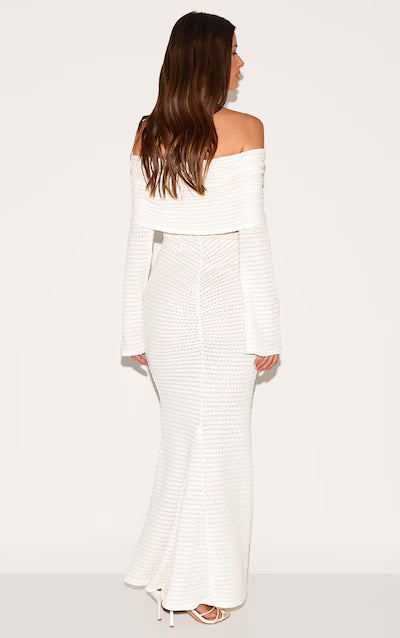 Cream Textured Extreme Bardot Long Sleeve Maxi Dress HKr-0012