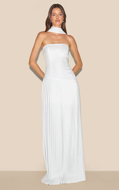 Cream Woven Asymmetric Pleated Maxi Dress HKr-0013