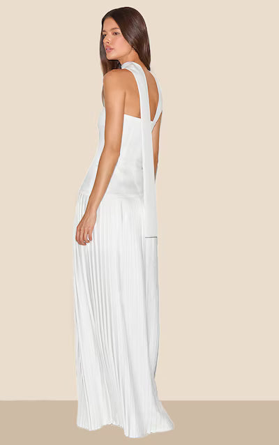 Cream Woven Asymmetric Pleated Maxi Dress HKr-0013