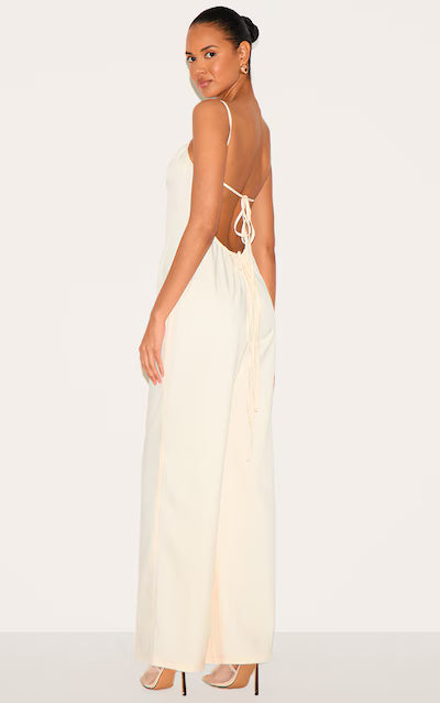 Cream Woven Backless Square Neck Wide Leg Jumpsuit HKr-0041