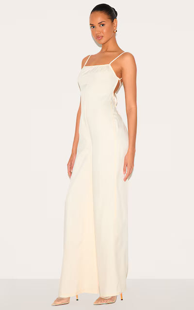 Cream Woven Backless Square Neck Wide Leg Jumpsuit HKr-0041
