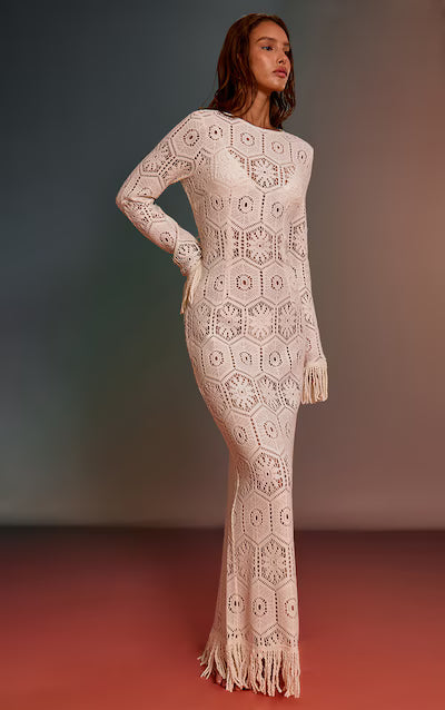 Cream Crochet Tassel Hem Maxi Beach Dress HKr-0003