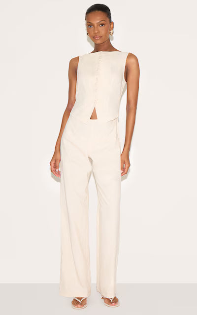 Stone Linen Blend Vest Detail Straight Leg Jumpsuit HKr-0047