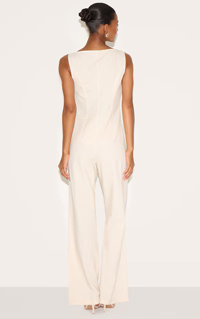 Stone Linen Blend Vest Detail Straight Leg Jumpsuit HKr-0047