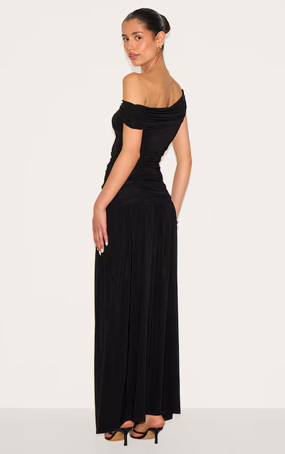 Tall Black Double Layer Slinky Trim Detail Bardot Long Top HKr-0019