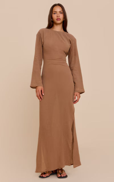 Taupe Textured Long Sleeve Maxi Dress AS-0031