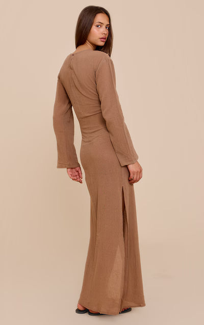 Taupe Textured Long Sleeve Maxi Dress AS-0031