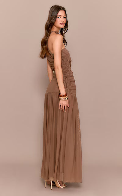 Chocolate Ruched Scarf Dropped Waist Maxi Dress HKr-0002
