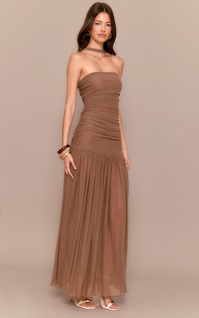 Chocolate Ruched Scarf Dropped Waist Maxi Dress HKr-0002
