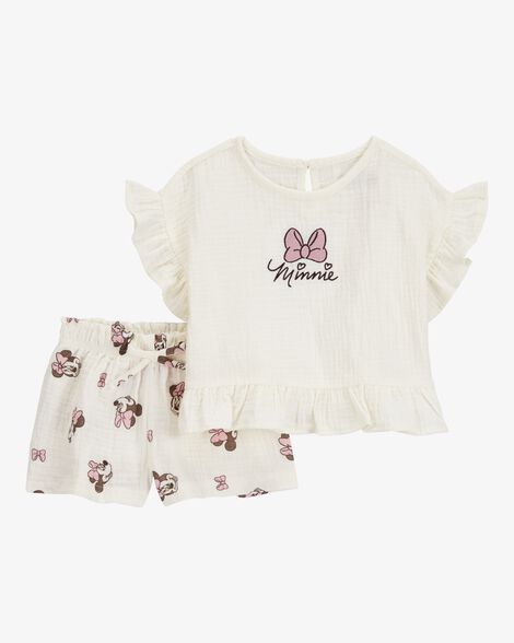 Baby Girl 2-Piece Minnie Mouse Flutter-Sleeve Gauze Top & Short Set - Cream HKr-K0040