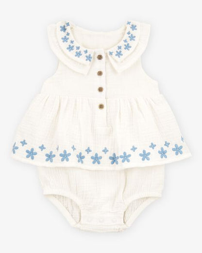 فستان بودي سوت مطرز بالزهور للبنات - عاجي HKr-K0012