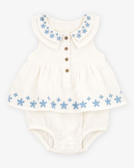 فستان بودي سوت مطرز بالزهور للبنات - عاجي HKr-K0012