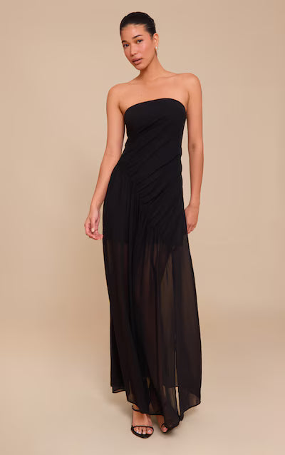 Black Double Layer Mesh Bandeau Asymmetric Ruching Maxi Dress HKr-0020