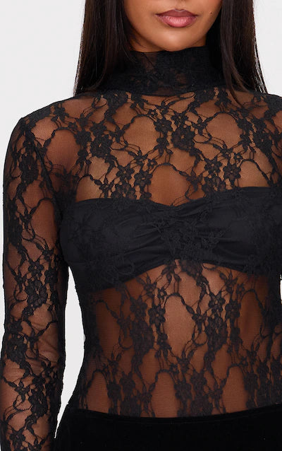 Black Lace High Neck Long Sleeve Bodysuit AS-0032