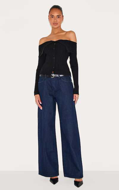 Black Rib Knit Fold Over Button Up Top HKr-0030