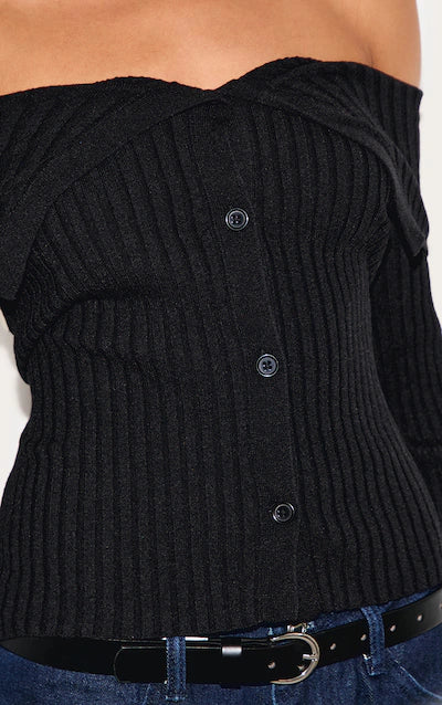 Black Rib Knit Fold Over Button Up Top HKr-0030