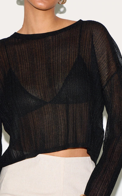 Black Sheer Knit Oversized Top HKr-0050