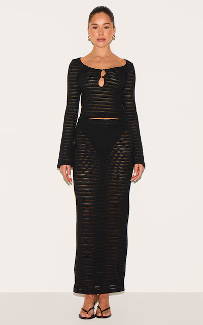 Black Textured Long Sleeve Button Up Top HKr-0049