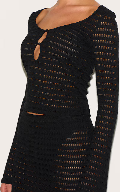Black Textured Long Sleeve Button Up Top HKr-0049