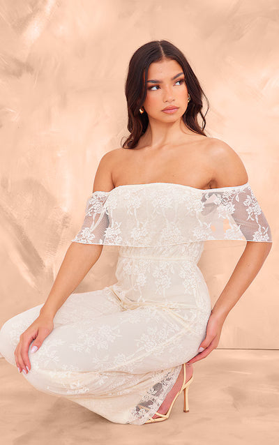 Butter Cream Shimmer Floral Lace Bardot Jumpsuit HKr-0022