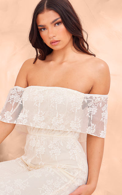 Butter Cream Shimmer Floral Lace Bardot Jumpsuit HKr-0022