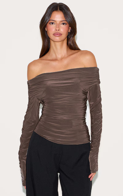 Charcoal Double Layer Slinky Ruched Detail Bardot Long Sleeve Top HKr-0045