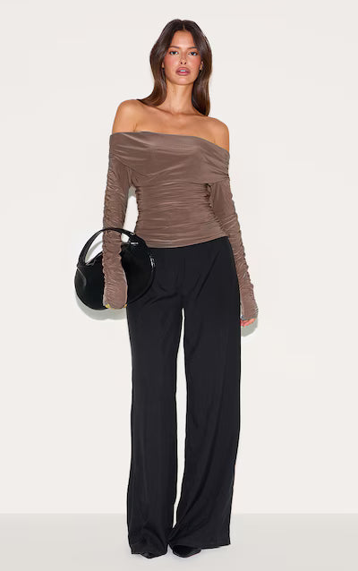 Charcoal Double Layer Slinky Ruched Detail Bardot Long Sleeve Top HKr-0045