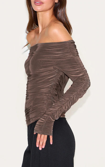 Charcoal Double Layer Slinky Ruched Detail Bardot Long Sleeve Top HKr-0045