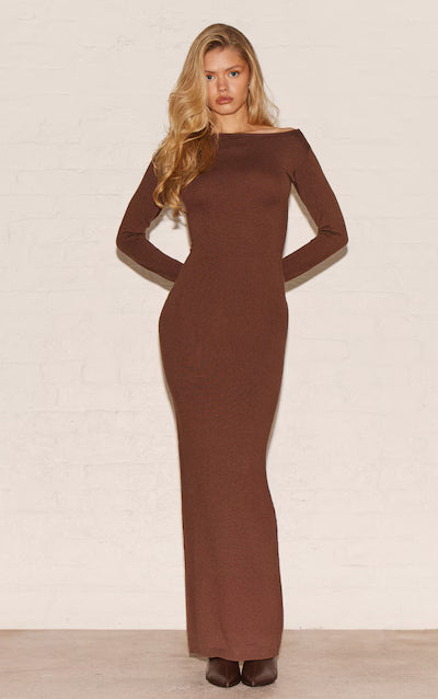 Chocolate Basic Knit Asymmetric Neckline Long Sleeve Maxi Dress HKr-0043