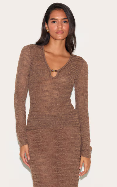 Chocolate Sheer Bobble Crochet Long Sleeve Beaded Keyhole Cut Out Top HKr-0039