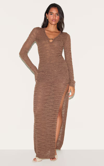 Chocolate Sheer Bobble Crochet Long Sleeve Beaded Keyhole Cut Out Top HKr-0039