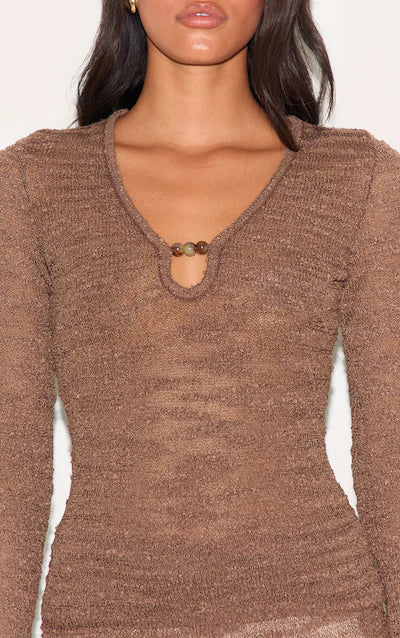 Chocolate Sheer Bobble Crochet Long Sleeve Beaded Keyhole Cut Out Top HKr-0039