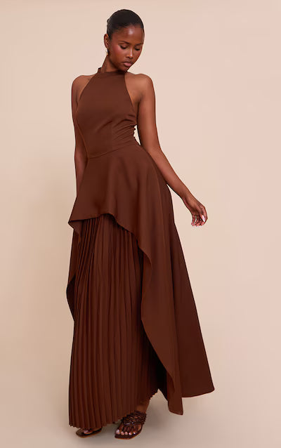 Chocolate Woven Halterneck Pleated Underlay Maxi Dress HKr-0023