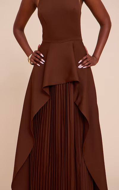 Chocolate Woven Halterneck Pleated Underlay Maxi Dress HKr-0023