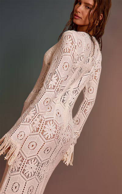 Cream Crochet Tassel Hem Maxi Beach Dress HKr-0003