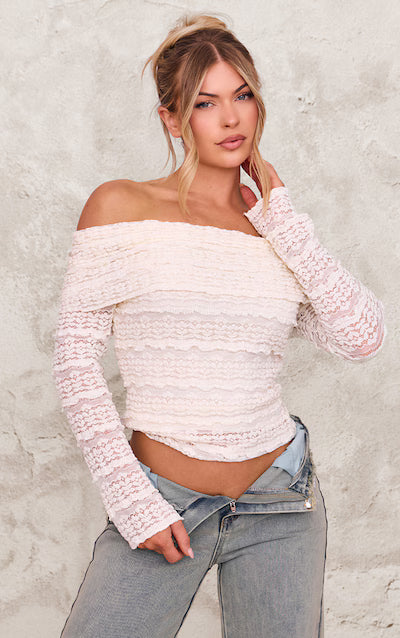 Cream Textured Bardot Long Top HKr-0044