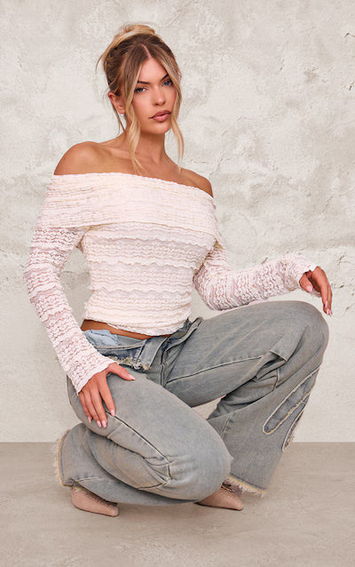 Cream Textured Bardot Long Top HKr-0044